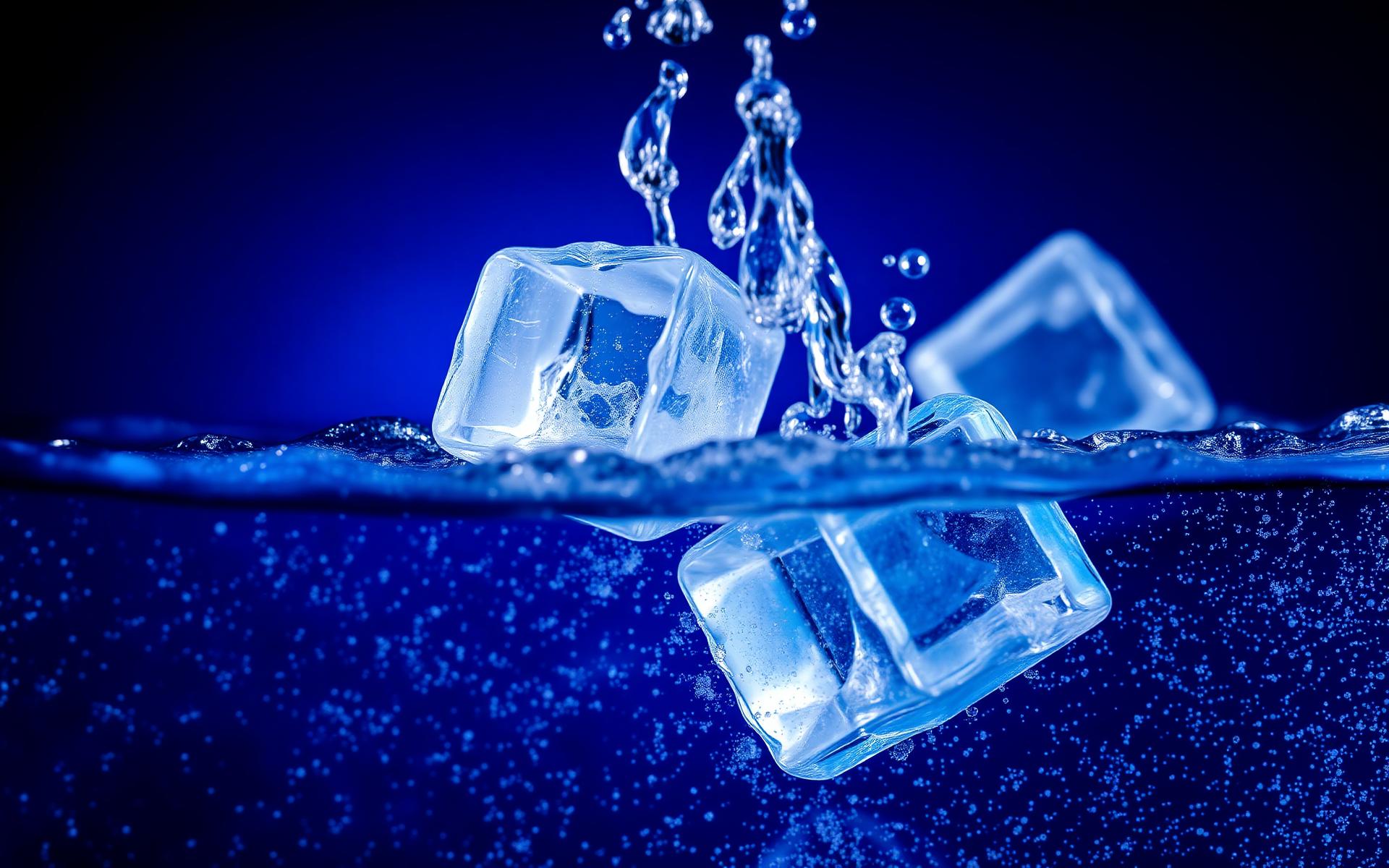 Crystal clear ice cubes falling into sparkling water